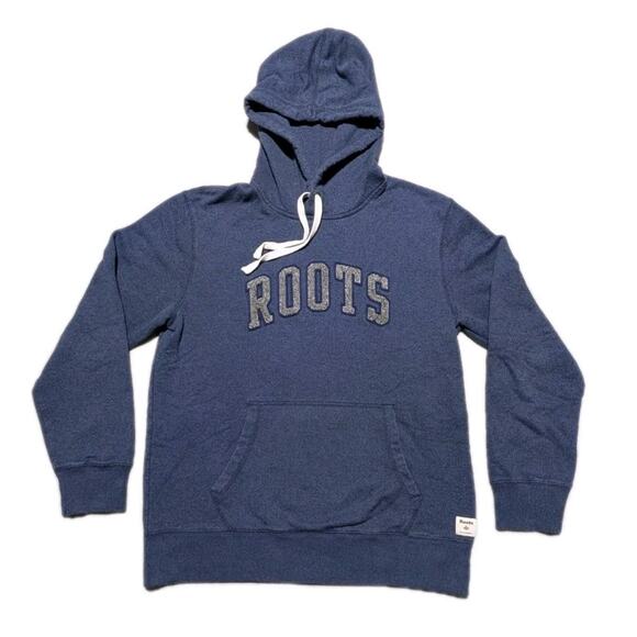 Roots Men’s Medium Hoodie Blue Pullover Sweatshirt Logo Kangaroo Pocket - Picture 2 of 11